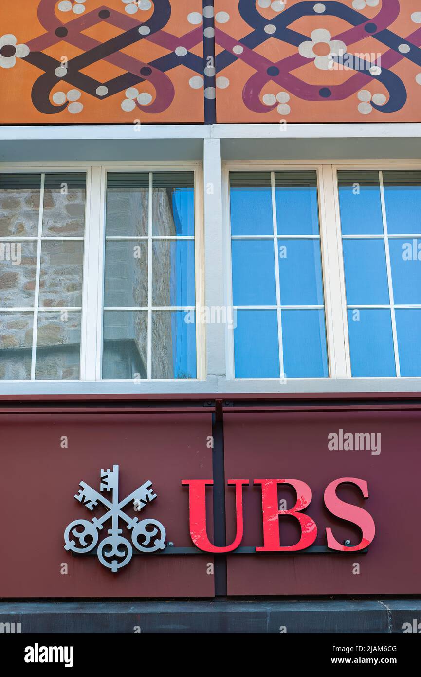 Appenzell, Switzerland - May 27, 2022: Union bank of Switzerland - UBS - multinational investment bank in Appenzell Stock Photo