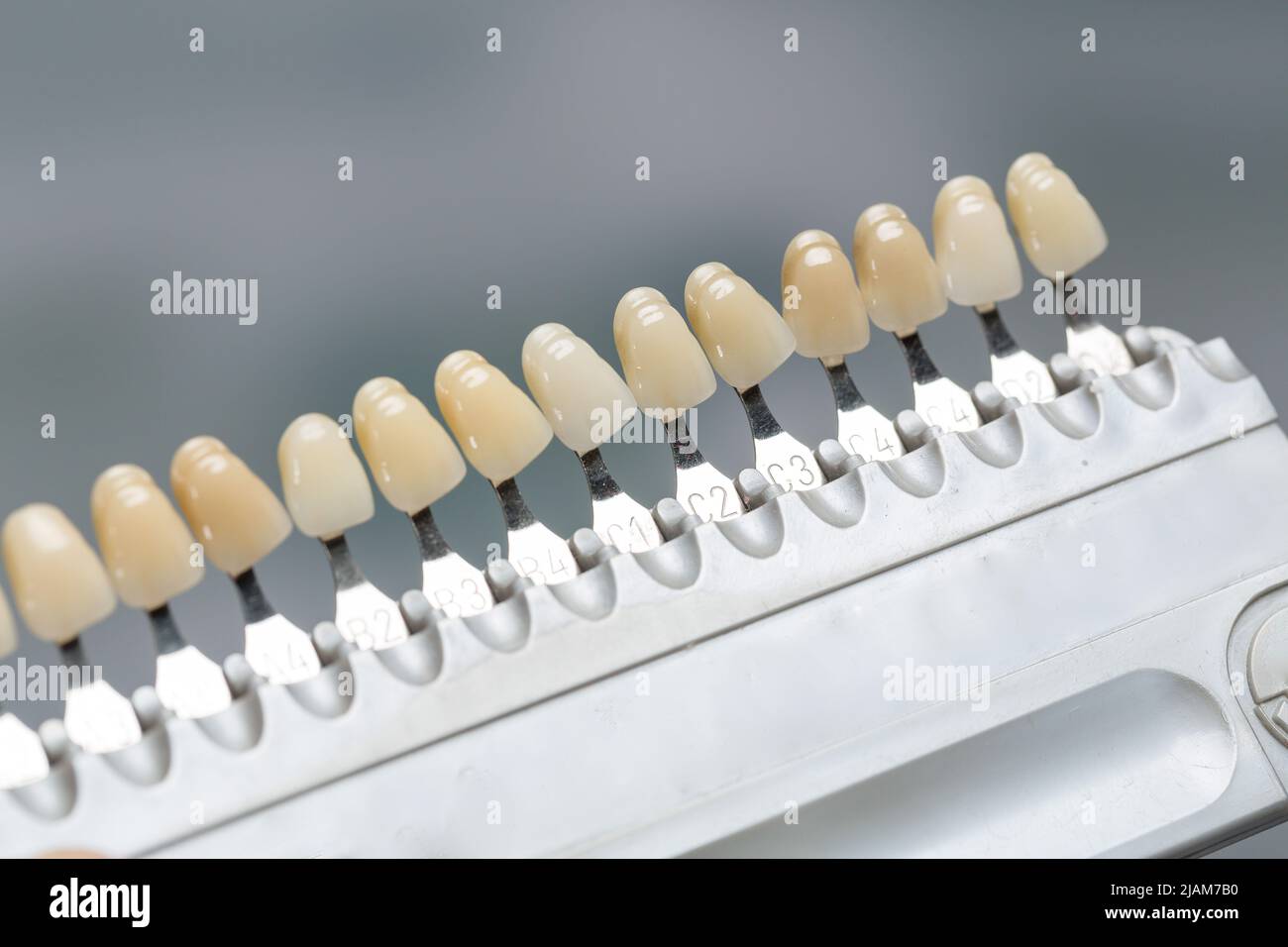 closeup of a shade guide to check veneer of tooth crown or implant in
