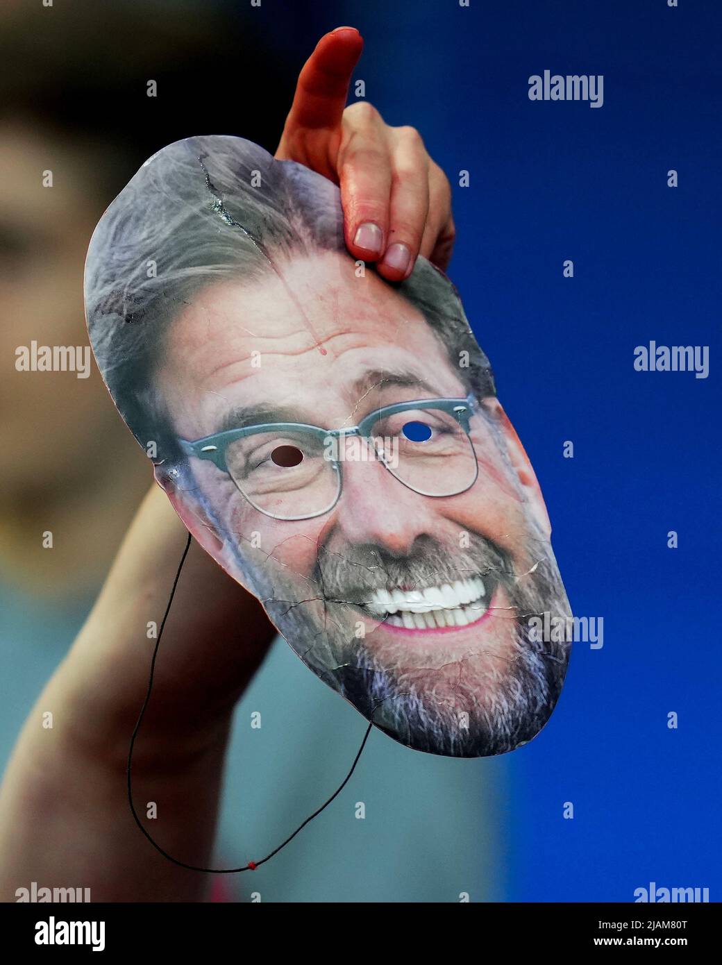 Jurgen Klopp’s mask during the UEFA Champions League Final match between Liverpool FC and Real Madrid played at Stade de France on May 28, 2022 in Paris, France. (Photo by Magma) Stock Photo