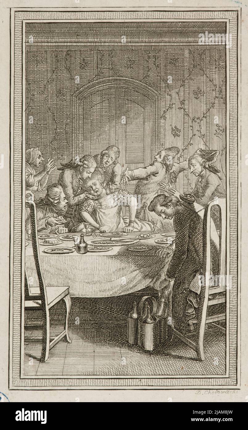 Illustration for Peter Marx Johann Karl Wezela  The Third Wife Surrounded by Lovers is Choked on a Meal (Peter Marx. A History of Applied Sciences in the publisher of the Dykische Buchhandlung. 1779) Chodowiecki, Daniel Nikolaus (1726 1801) Stock Photo