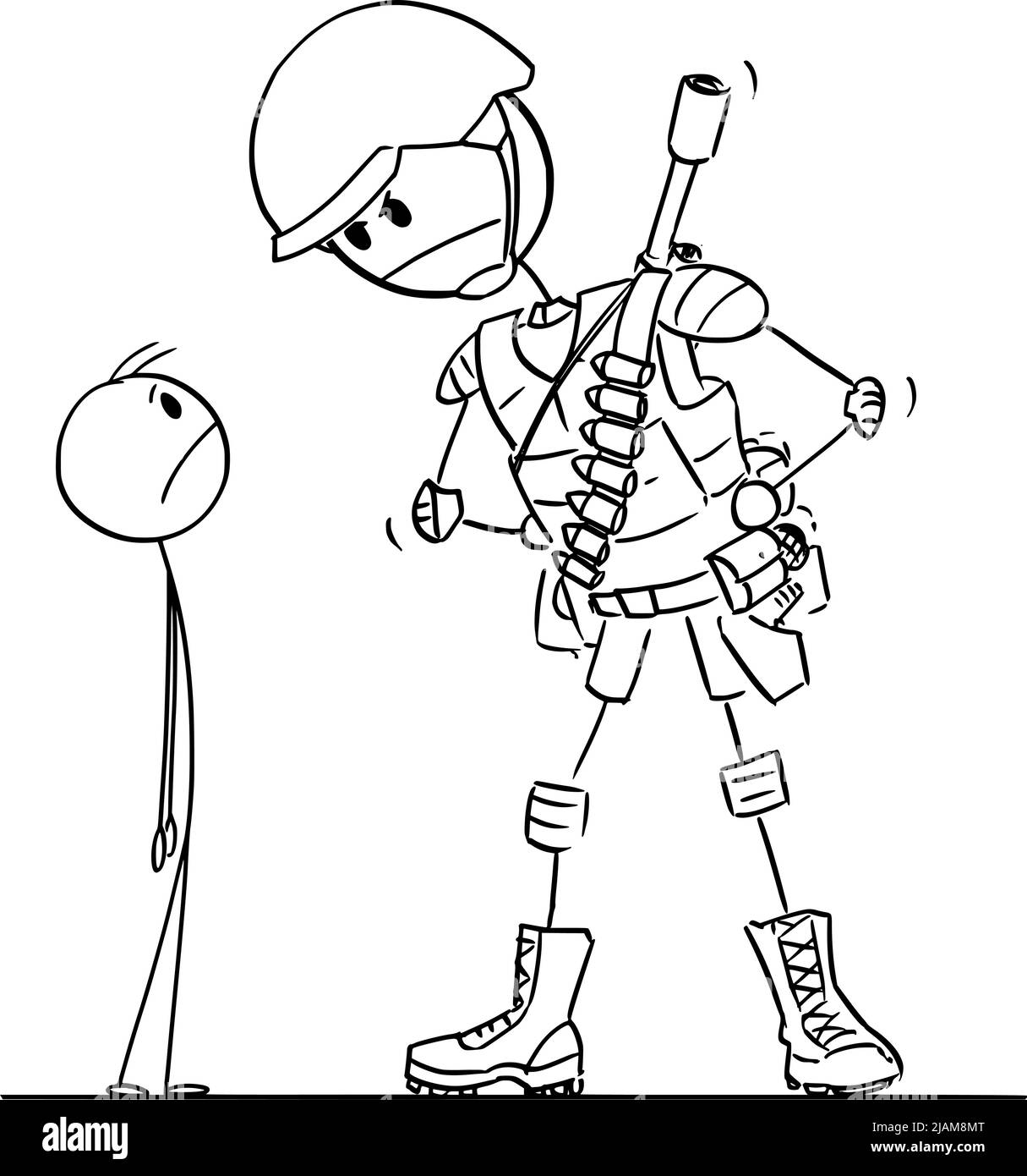 Civilian and Armed Soldier, Vector Cartoon Stick Figure Illustration Stock Vector