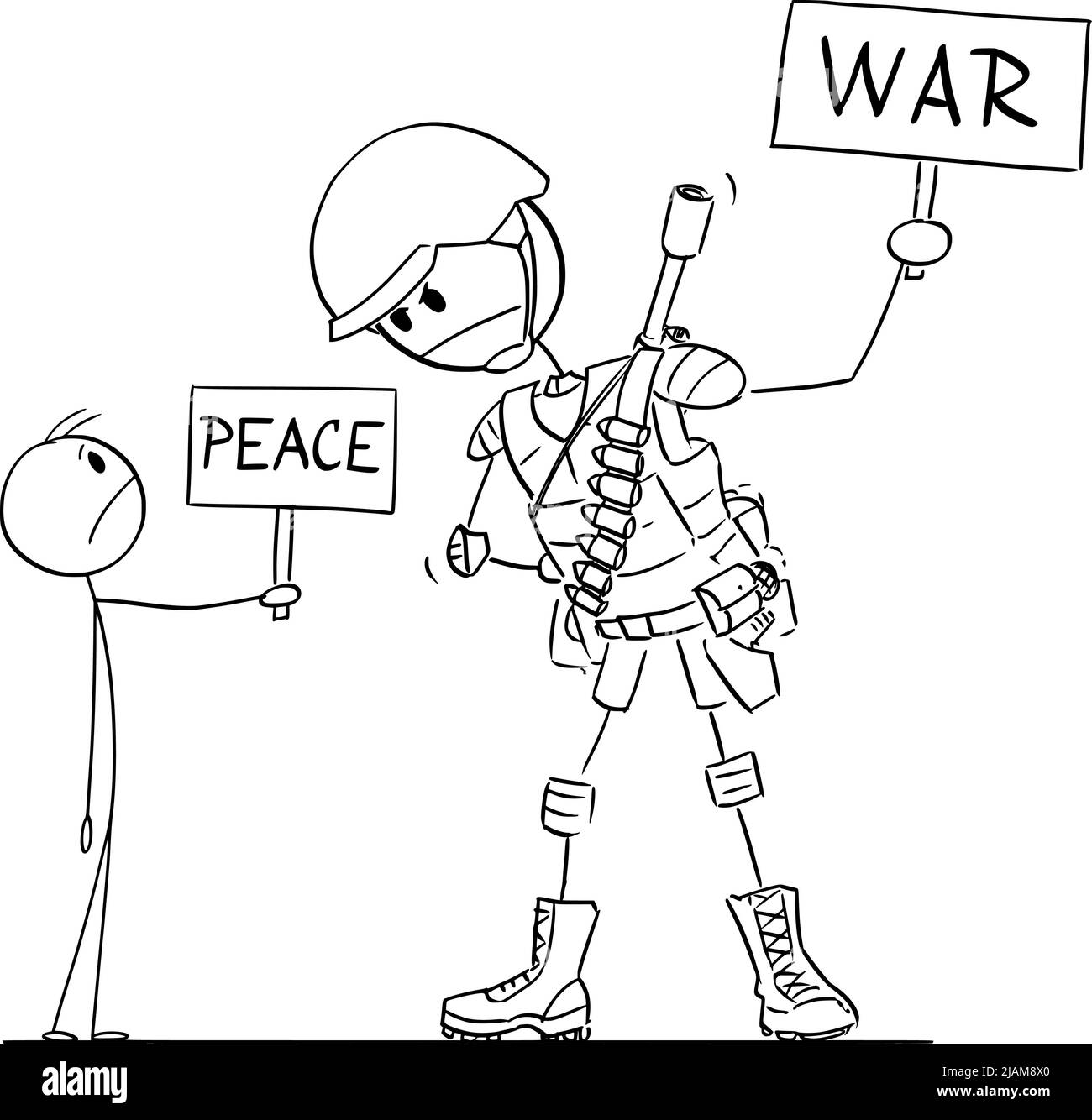 Civilian and Armed Soldier, Peace and War, Vector Cartoon Stick Figure Illustration Stock Vector