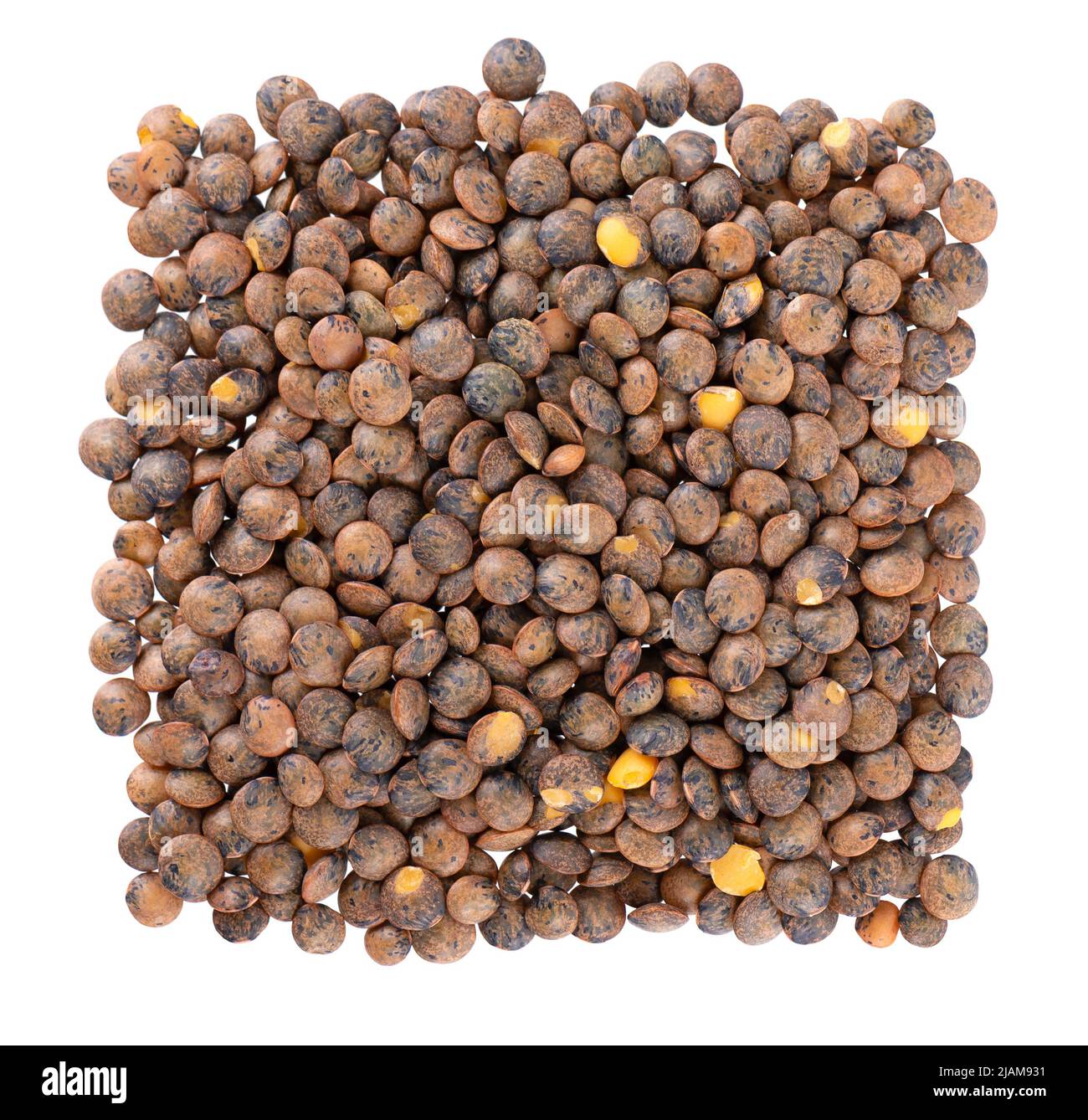French lentils isolated on white background. Dry puy lentil grains pile. Top view Stock Photo