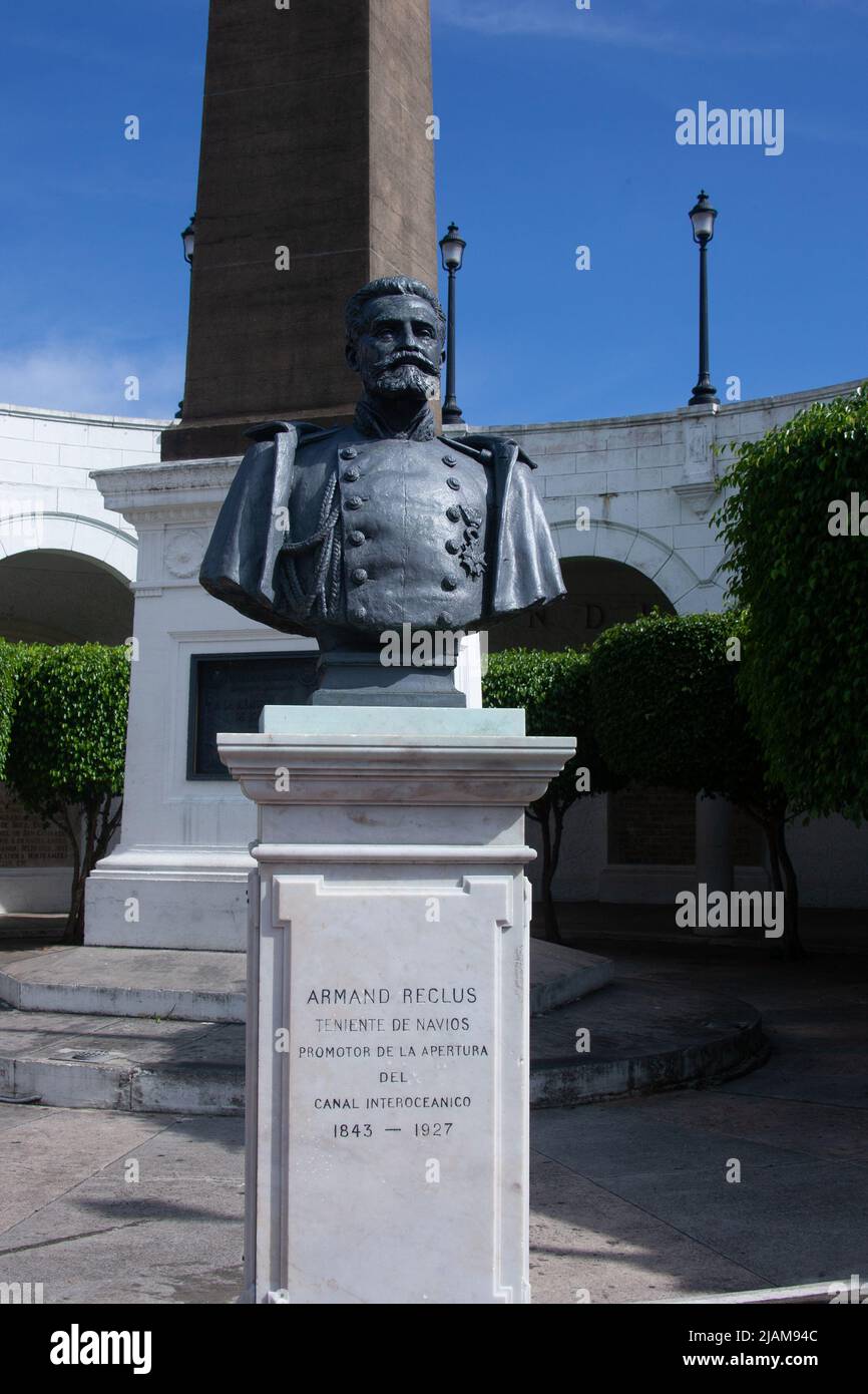 Armand Reclus at Plaza de Francia, Old Town, Panama City, Panama, with statues and busts of the engineers and pioneers of the Panama Canal Stock Photo