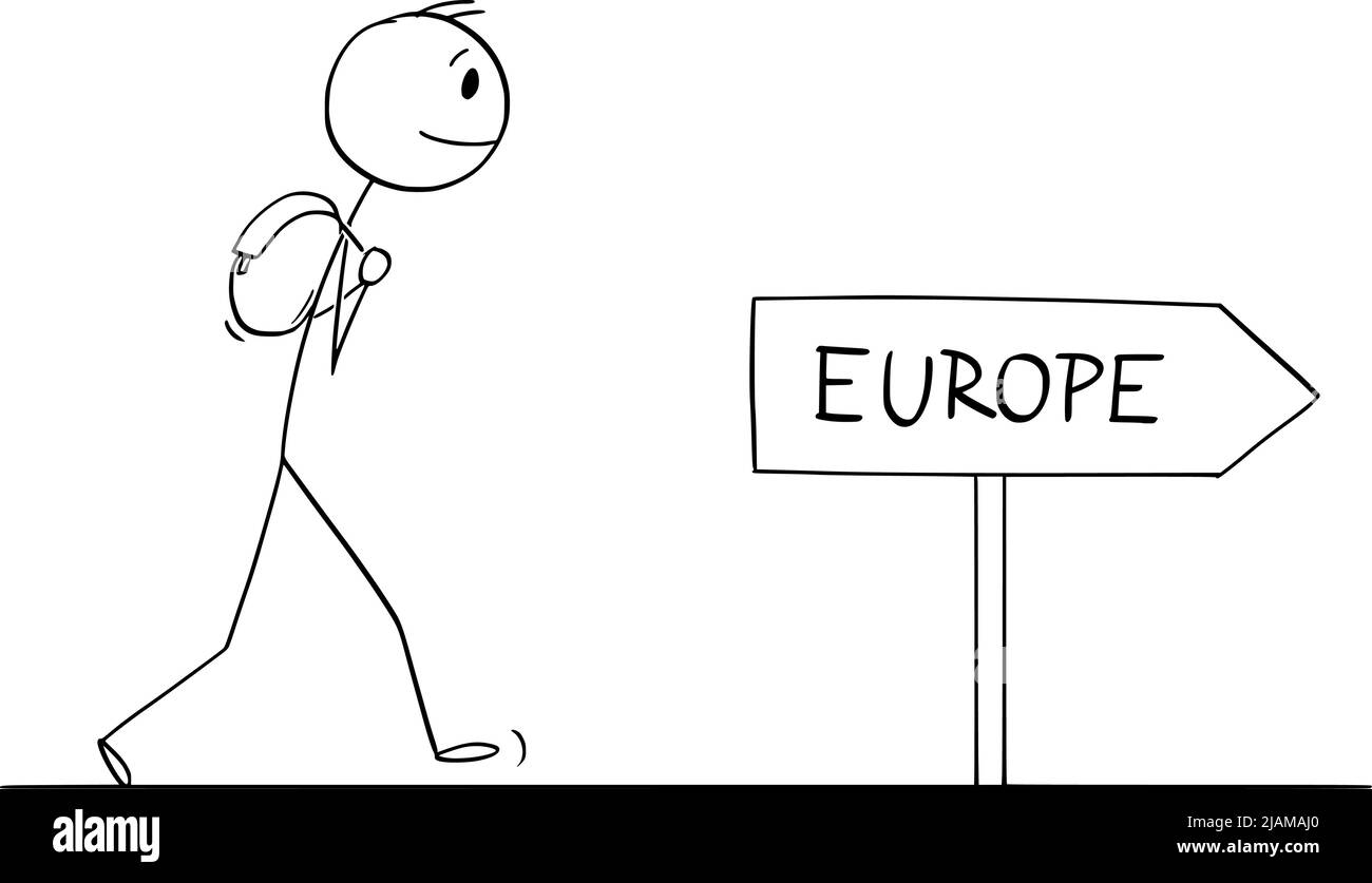 Tourist on Journey to Europe, Vector Cartoon Stick Figure Illustration Stock Vector