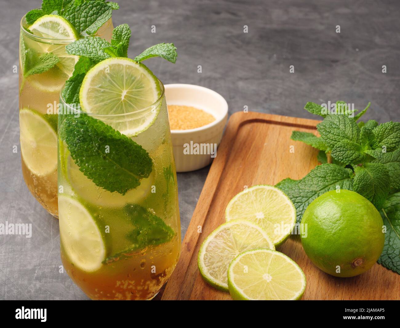 Mojito or virgin mojito long rum drink with fresh mint, lime juice ...