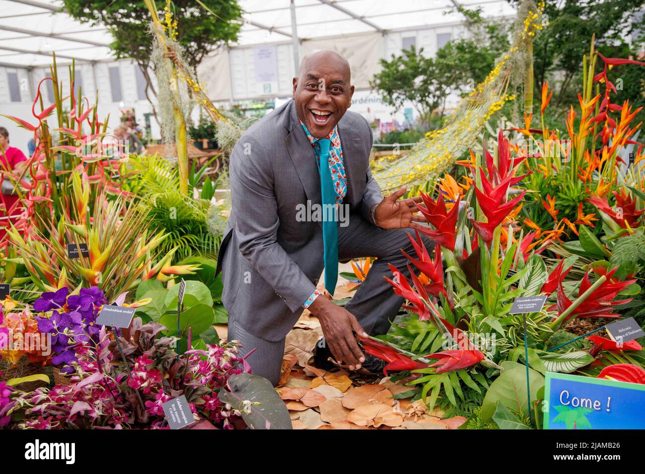 English chef and television presenter, Ainsley Harriott, in the Caribbean garden at the RHS Chelsea Flower Show Stock Photo