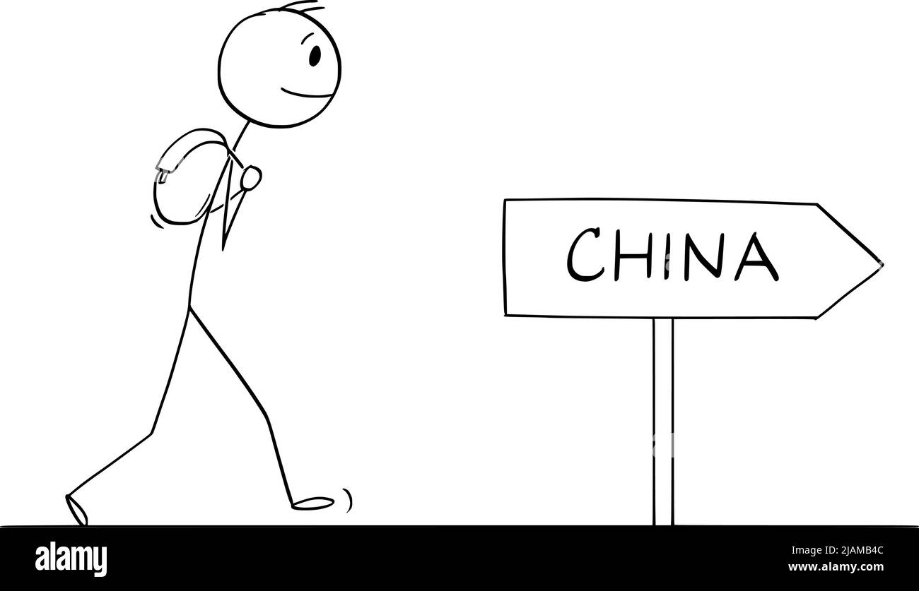 Tourist on Journey to China, Vector Cartoon Stick Figure Illustration Stock Vector