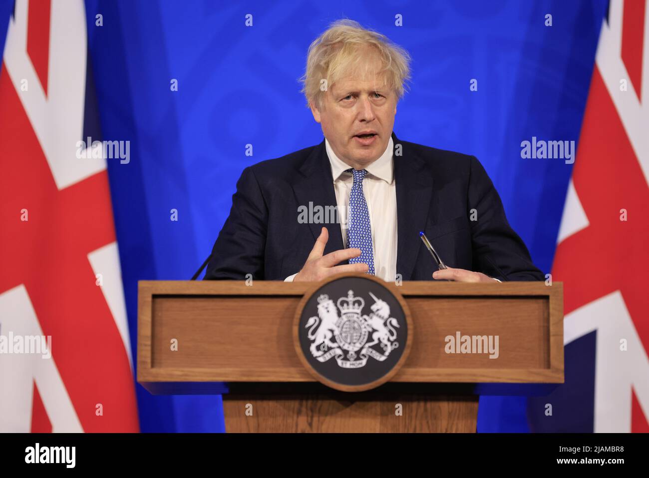 Prime Minister Boris Johnson speaks at a Press conference in response to the publication of the Sue Gray report into "Partygate" at Downing Street, Ma Stock Photo