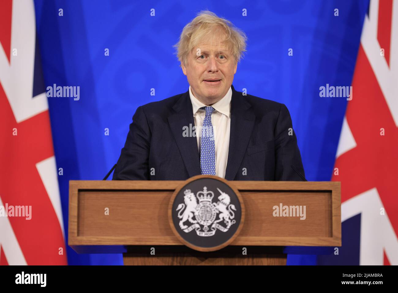 Prime Minister Boris Johnson speaks at a Press conference in response to the publication of the Sue Gray report into "Partygate" at Downing Street, Ma Stock Photo