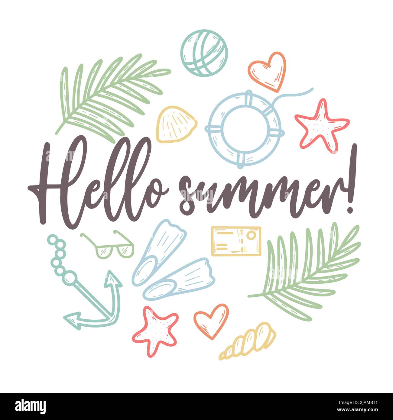 Hello summer postcard in doodle style. Card with summer beach holiday attributes. Sea vacation and travel template. Simple seasonal travel design with Stock Vector