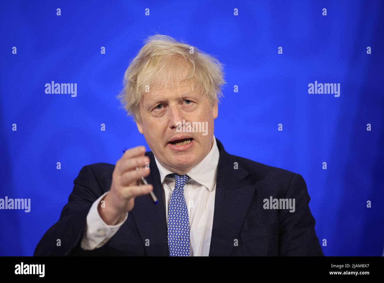 Prime Minister Boris Johnson speaks at a Press conference in response to the publication of the Sue Gray report into "Partygate" at Downing Street, Ma Stock Photo