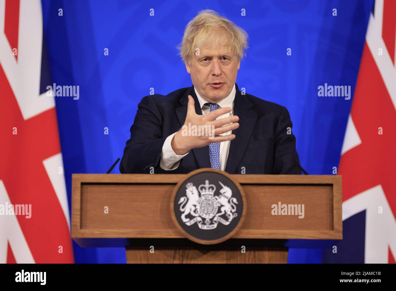 Prime Minister Boris Johnson speaks at a Press conference in response to the publication of the Sue Gray report into "Partygate" at Downing Street, Ma Stock Photo