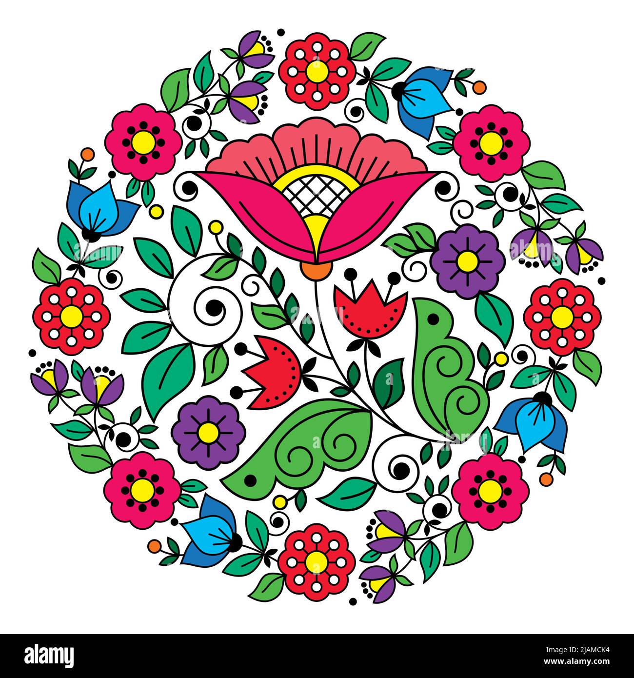 Scandinavian folk art vector floral mandala design pattern in frame inspired by the traditional embroidery from Sweden, Norway and Denmark Stock Vector
