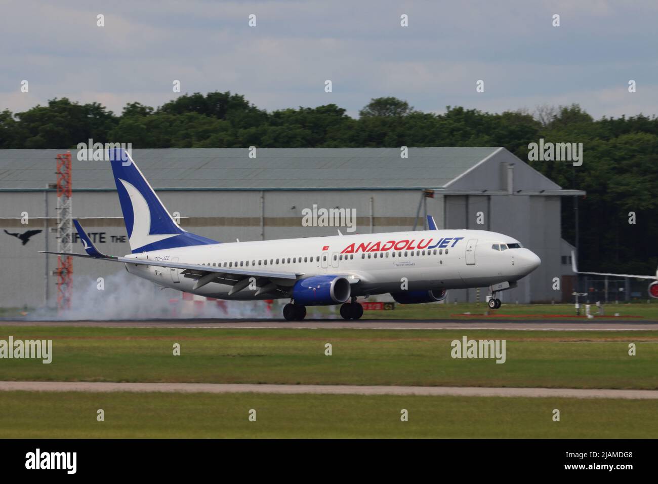 Anadolujet Airways, Boeing 737, arriving at Stansted Airport, Essex, UK Stock Photo