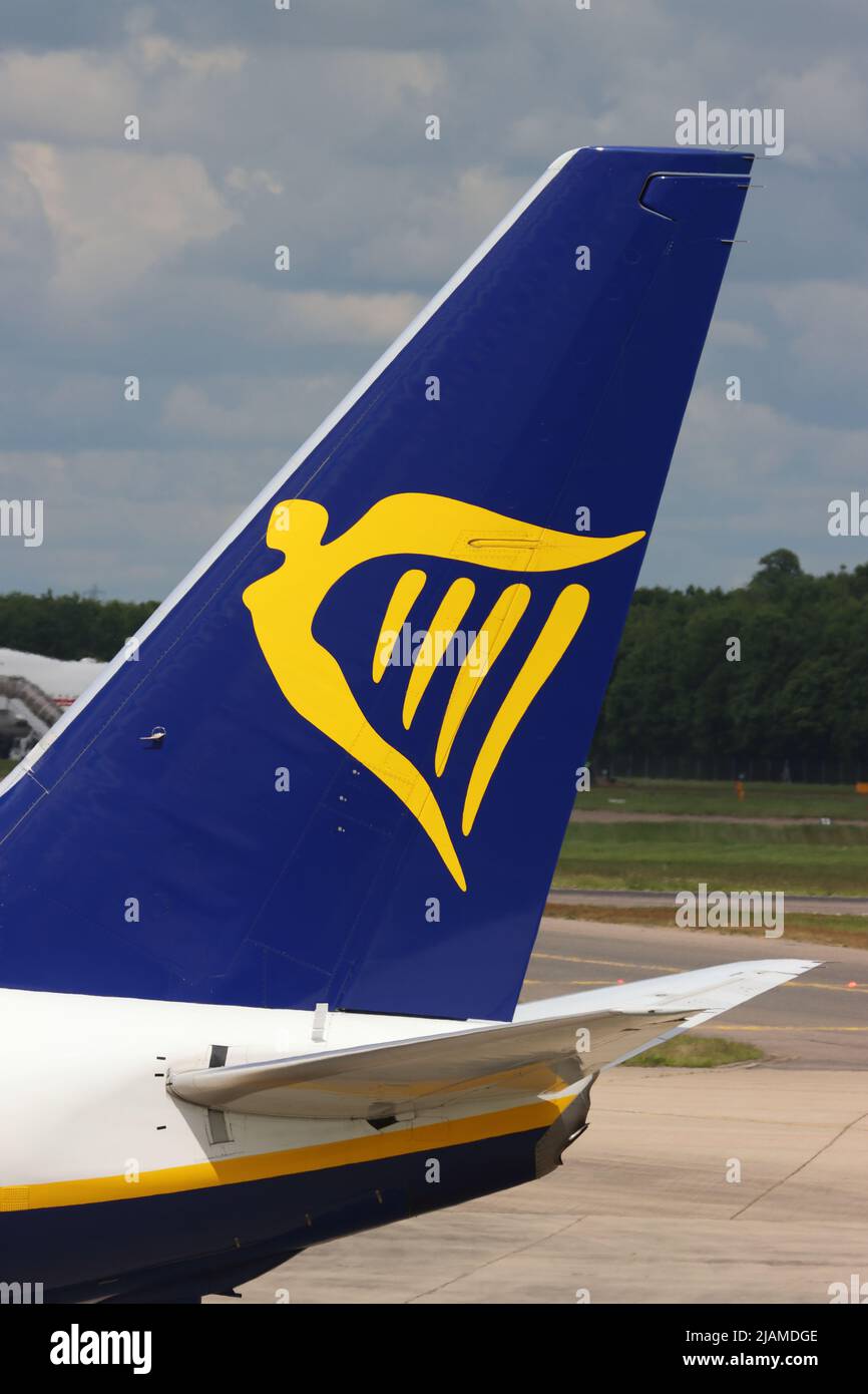 Tail of Ryanair Boeing 737, Stansted Airport, Stansted, Essex, UK Stock Photo