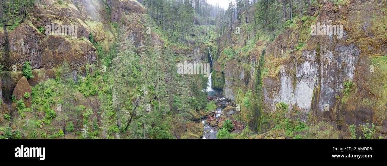 A scenic river flows over a waterfall and into the Columbia River Gorge, Oregon. This beautiful area is known for its waterfalls and forests. Stock Photo