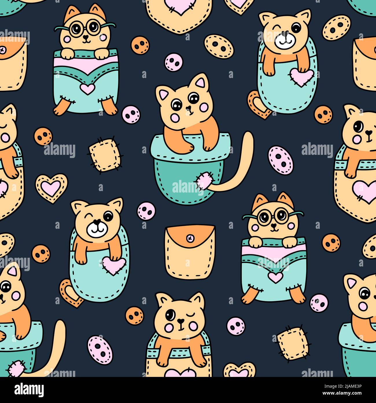 Cute cat in pocket kawaii seamless vector pattern - kids illustration ...