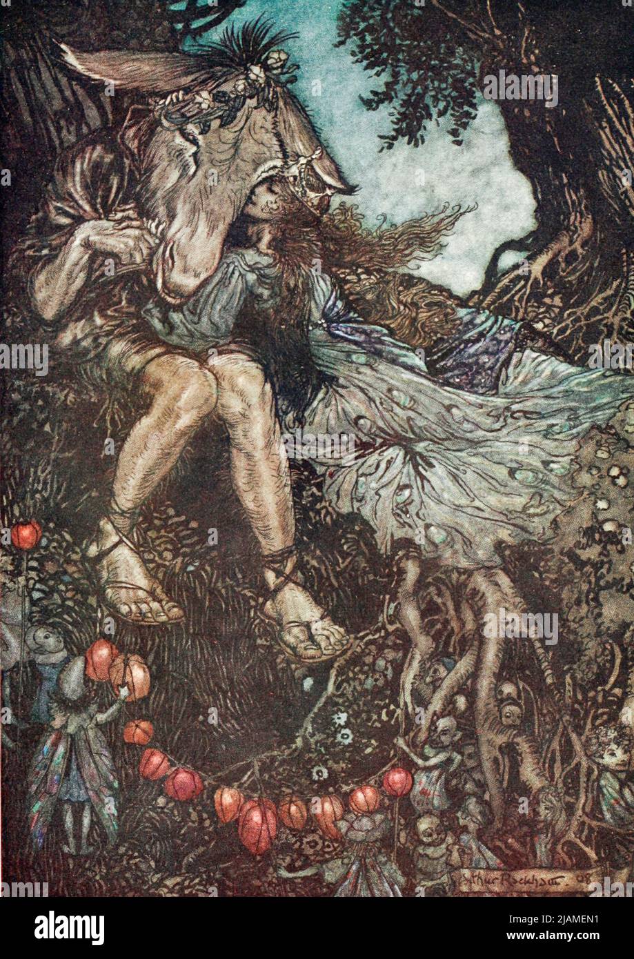 Sleep thou, and I will wind thee in my arms from ' A midsummer night's dream ' by William Shakespeare, 1564-1616; Illustrated by Arthur Rackham, 1867-1939 Publication date 1908 Publisher London, Heinemann; New York, Doubleday, Page & Co Stock Photo