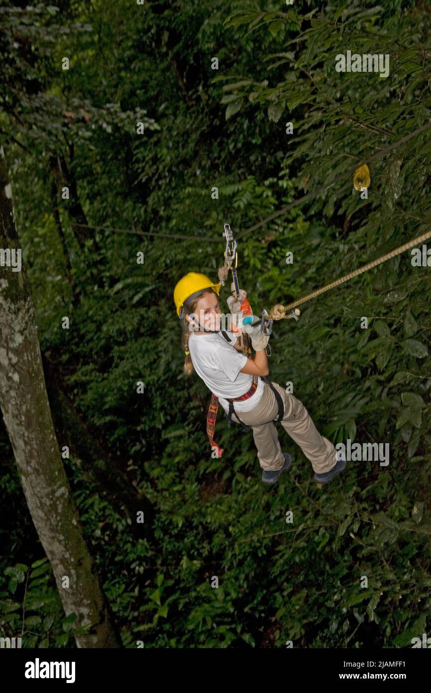 Ziplining in the tree tops at El Vaye Panama Stock Photo