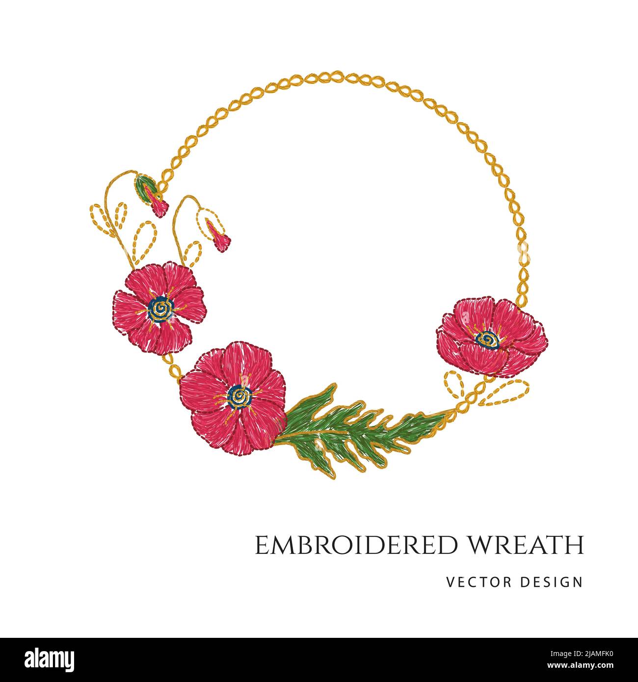 Ukrainian hand made poppy embroidery floral wreath. Vector illustration Stock Vector