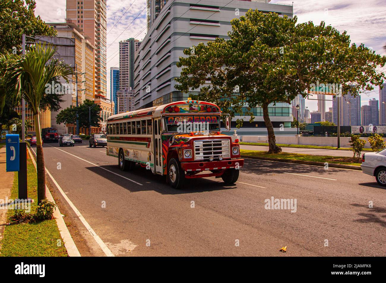 typical public bus on Balboa avenue Miramar Panama city Panama Stock Photo
