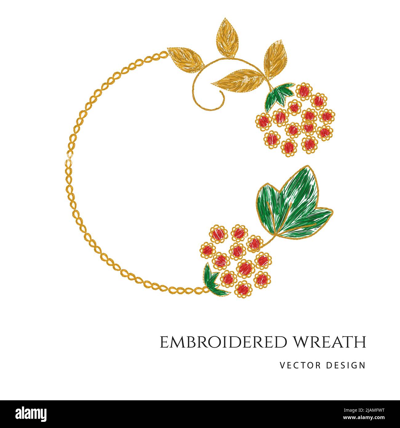 Ukrainian hand made viburnum berry embroidery floral wreath. Vector illustration Stock Vector