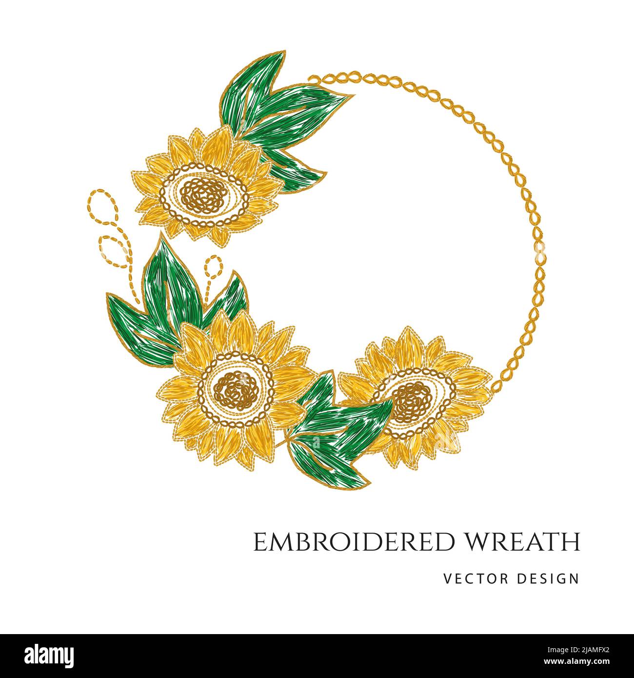 Ukrainian hand made sunflower embroidery floral wreath. Vector illustration Stock Vector