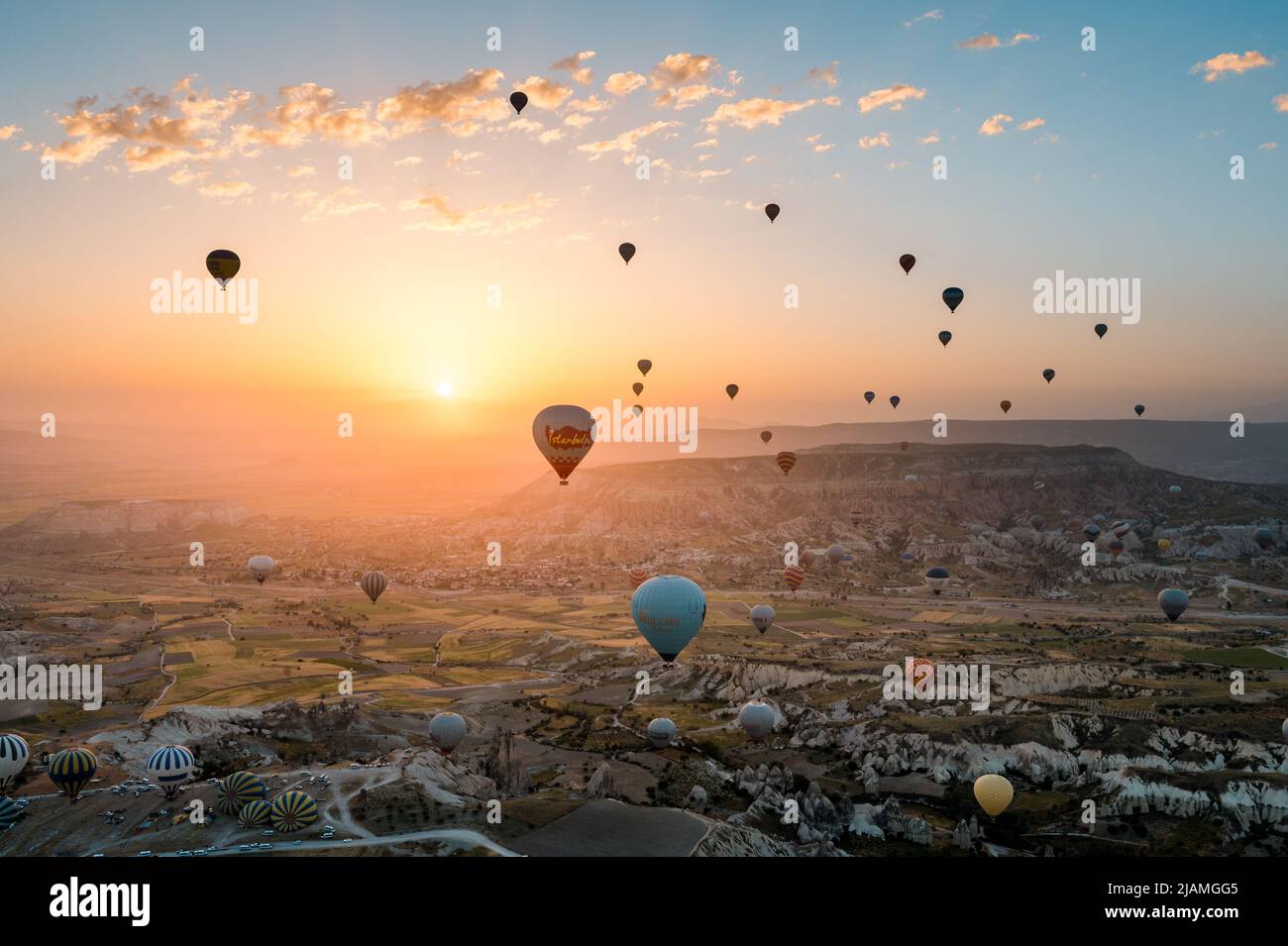cappadocia travel picture with hot air balloons Stock Photo