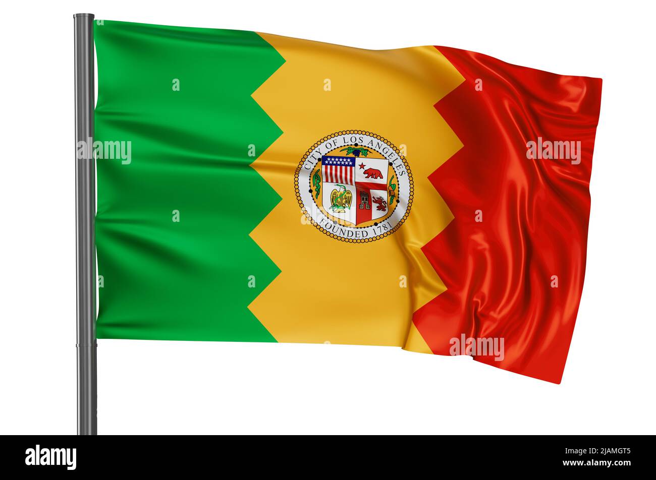 Los Angeles city US flag waving in the wind on white background Stock ...