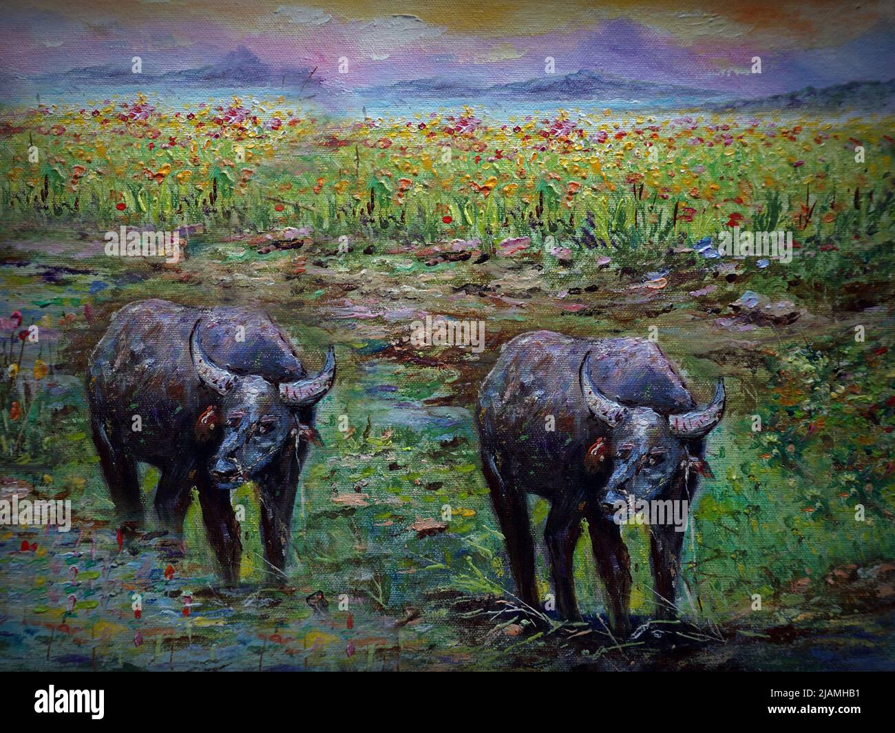 Art painting Oil color Hut northeast Thailand Countryside , buffalo , agriculturist , rural life Stock Photo