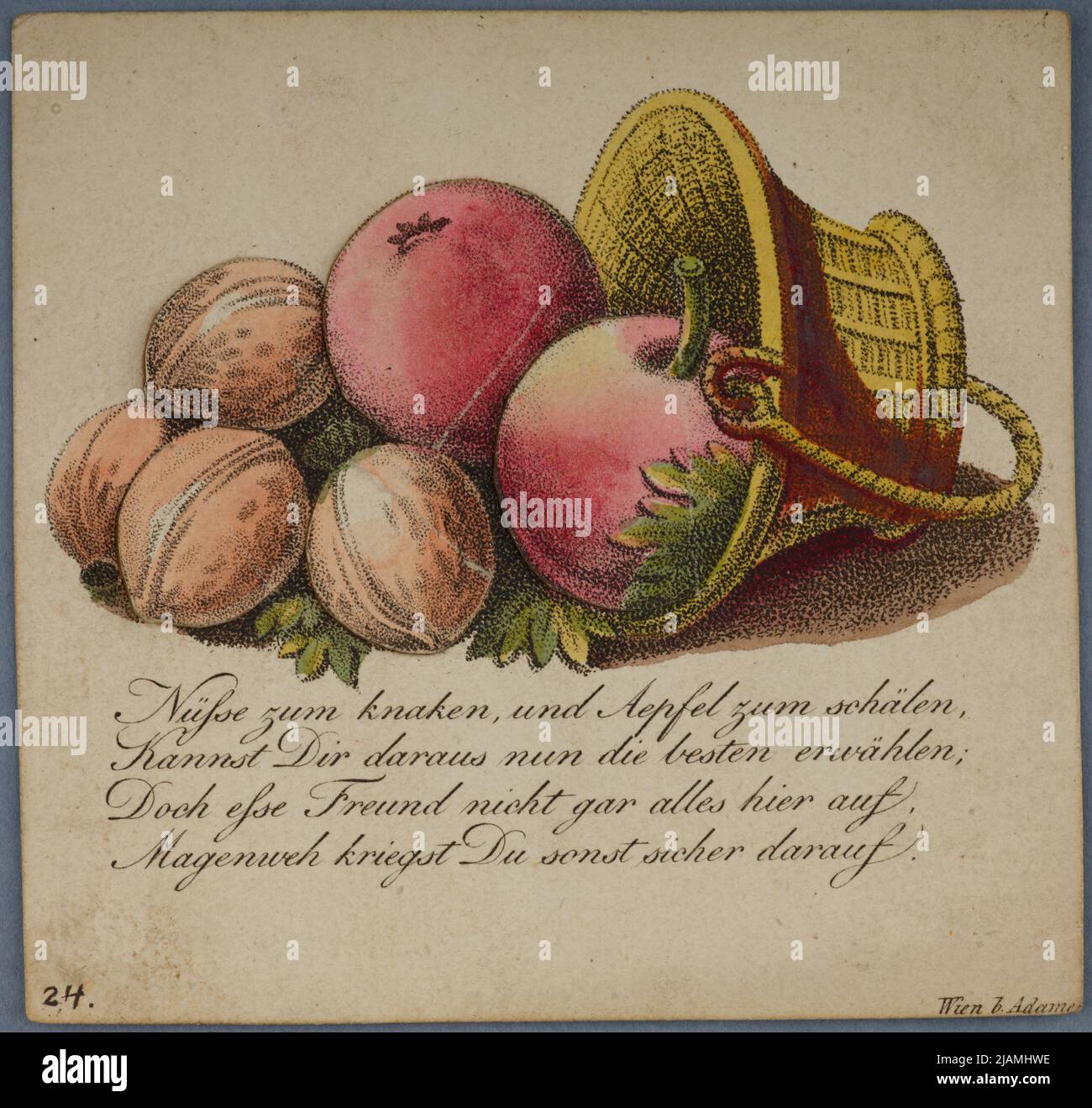 Moving toy: Basket with apples and walnuts from: Paper toys from the Biedermeier era Adamek Stock Photo