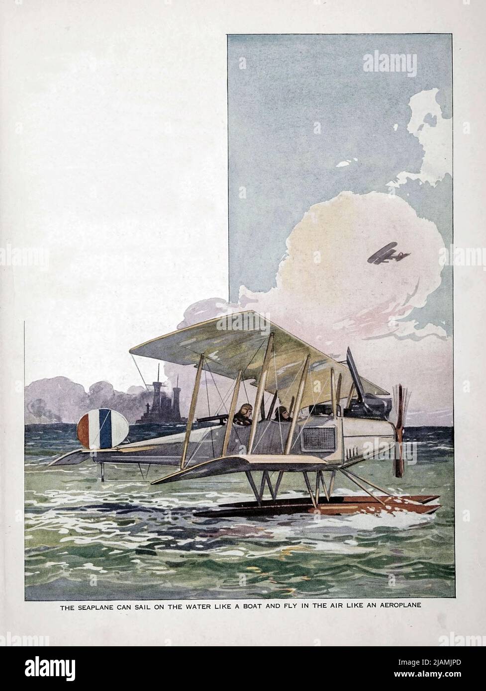 THE SEAPLANE CAN SAIL ON THE WATER LIKE A BOAT AND FLY IN THE AIR LIKE AN AEROPLANE From the ' Aviation book ' by Haywood Leslie Davis, Publication date 1918 Publisher New York, McLoughlin brothers, inc. Stock Photo