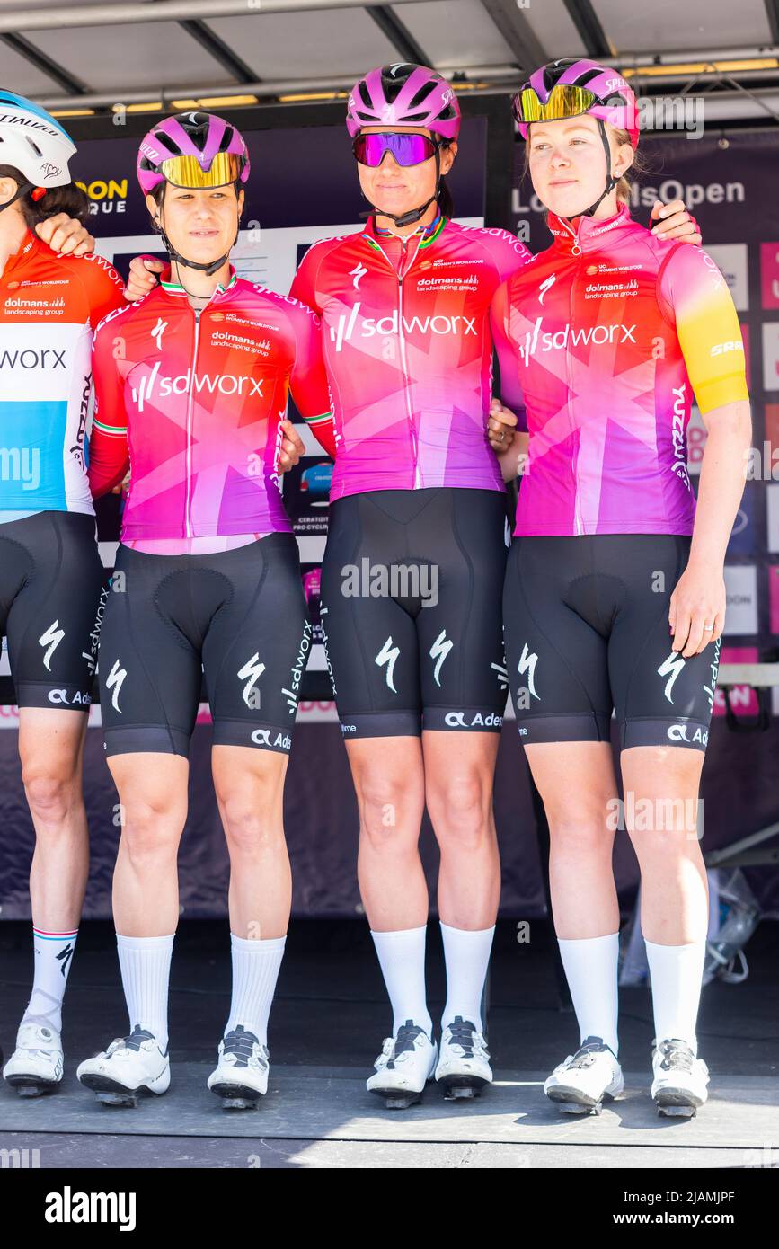 Elena Cecchini, Chantal van den Broek-Blaak, Lonneke Uneken cyclists of team SD Worx at the RideLondon Classique 2022 elite women's cycle race, Maldon Stock Photo
