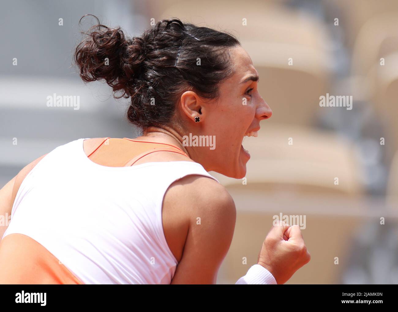 Paris, France. 31st May, 2022. Martina Trevisan of Italy reacts during the women's singles quarterfinal against Leylah Fernandez of Canada at the French Open tennis tournament at Roland Garros in Paris, France, May 31, 2022. Credit: Gao Jing/Xinhua/Alamy Live News Stock Photo
