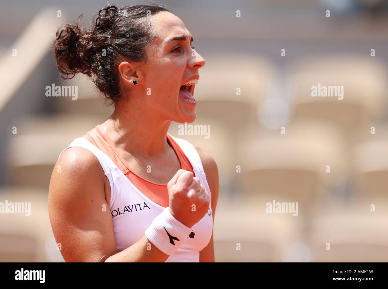 Paris, France. 31st May, 2022. Martina Trevisan of Italy reacts during the women's singles quarterfinal against Leylah Fernandez of Canada at the French Open tennis tournament at Roland Garros in Paris, France, May 31, 2022. Credit: Gao Jing/Xinhua/Alamy Live News Stock Photo
