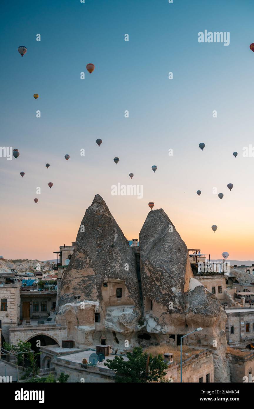 hot air balloons over Cappadocia at sunrise Stock Photo - Alamy