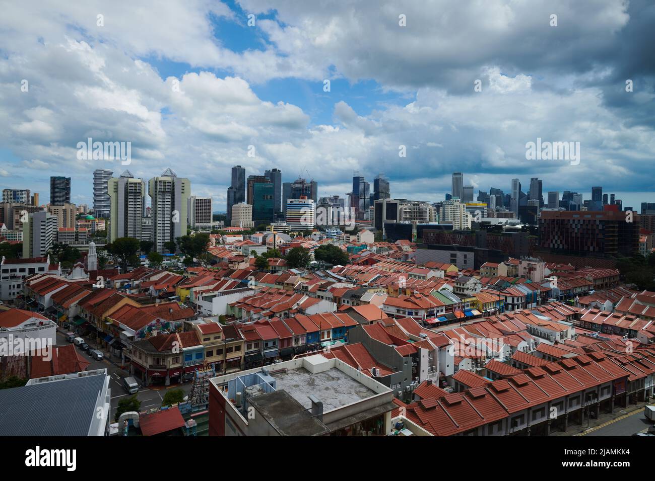Skyline of Singapore taken from the Little India area in central part of the city with the business district in the background Stock Photo