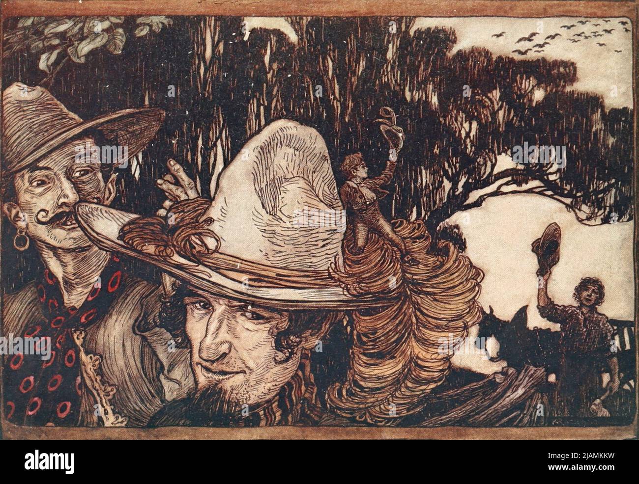 When Tom had said good-bye to his Father they went away with him from the story ' Tom Thumb ' from the book ' The fairy tales of the Brothers Grimm ' Illustrated by Arthur Rackham Stock Photo