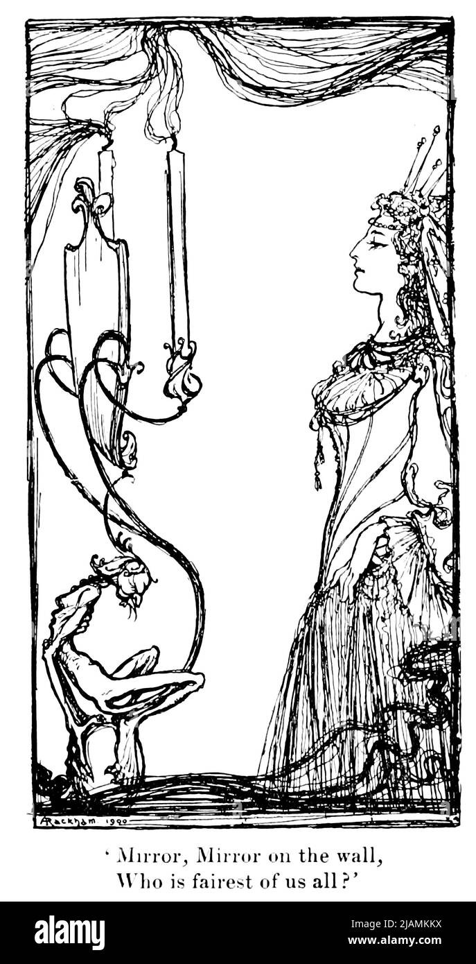 Mirror, Mirror on the wall, Who is fairest of us all ? from the story Snowdrop (AKA Snow white) from the book ' The fairy tales of the Brothers Grimm ' Illustrated by Arthur Rackham Stock Photo
