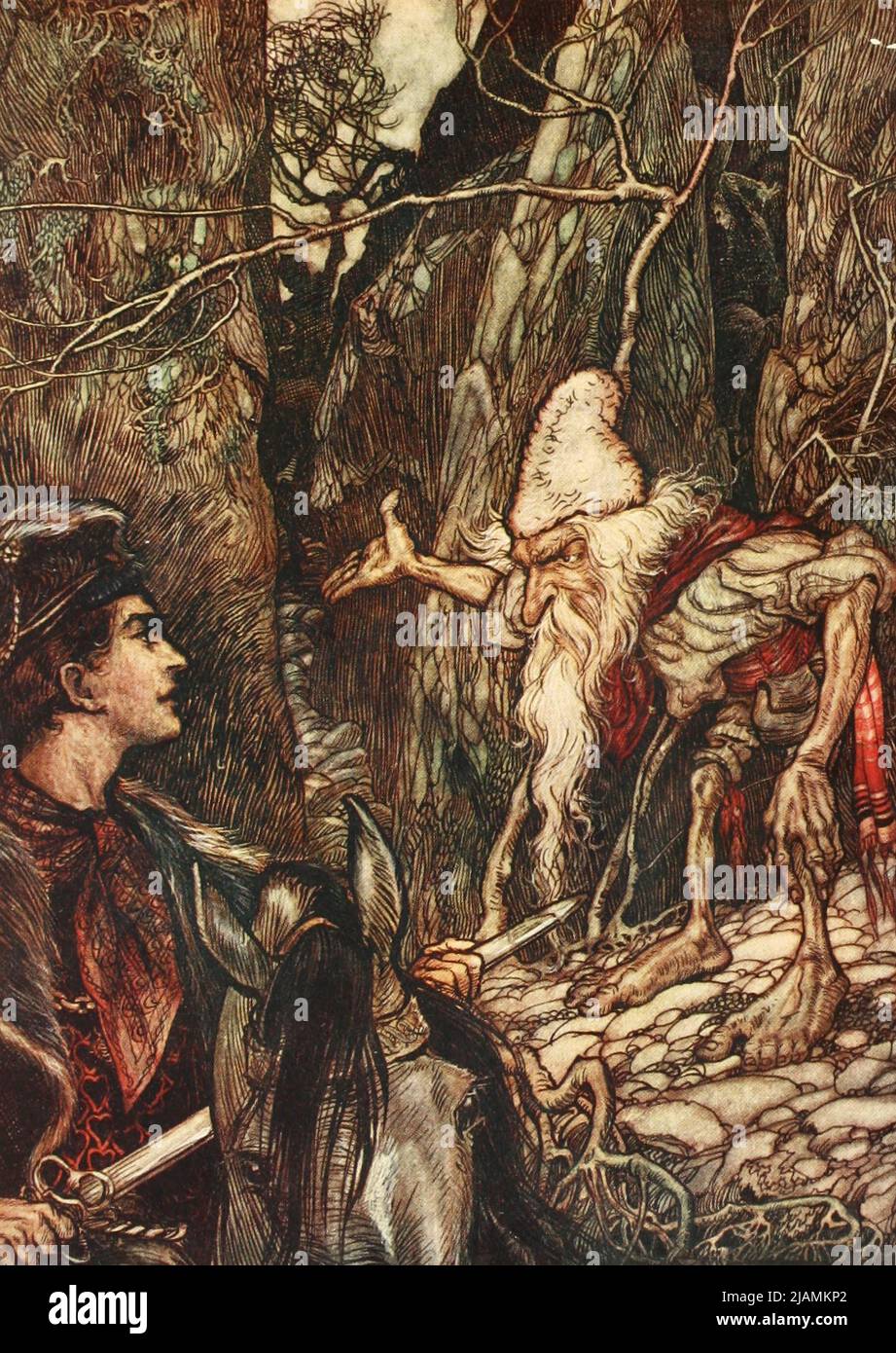 Good Dwarf, can you not tell me wliere my brothers are from the Story ' The Water of Life ' from the book ' The fairy tales of the Brothers Grimm ' Illustrated by Arthur Rackham Stock Photo