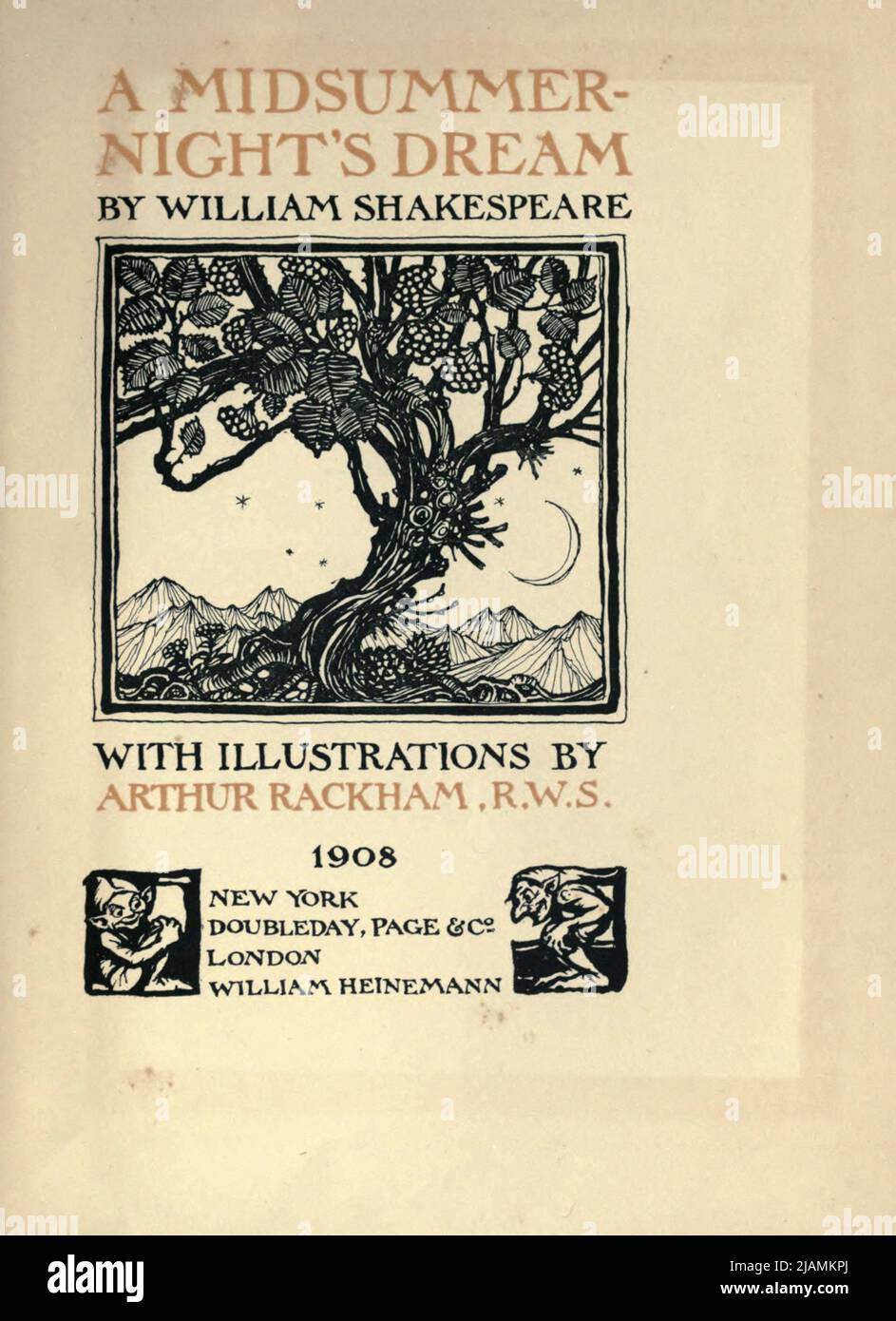 Title Page and credits from ' A midsummer night's dream ' by William Shakespeare, 1564-1616; Illustrated by Arthur Rackham, 1867-1939 Publication date 1908 Publisher London, Heinemann; New York, Doubleday, Page & Co Stock Photo