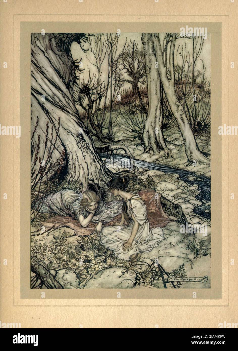 where often you and I Upon faint primrose-beds were wont to lie, Emptying our bosoms of their counsel sweet from ' A midsummer night's dream ' by William Shakespeare, 1564-1616; Illustrated by Arthur Rackham, 1867-1939 Publication date 1908 Publisher London, Heinemann; New York, Doubleday, Page & Co Stock Photo