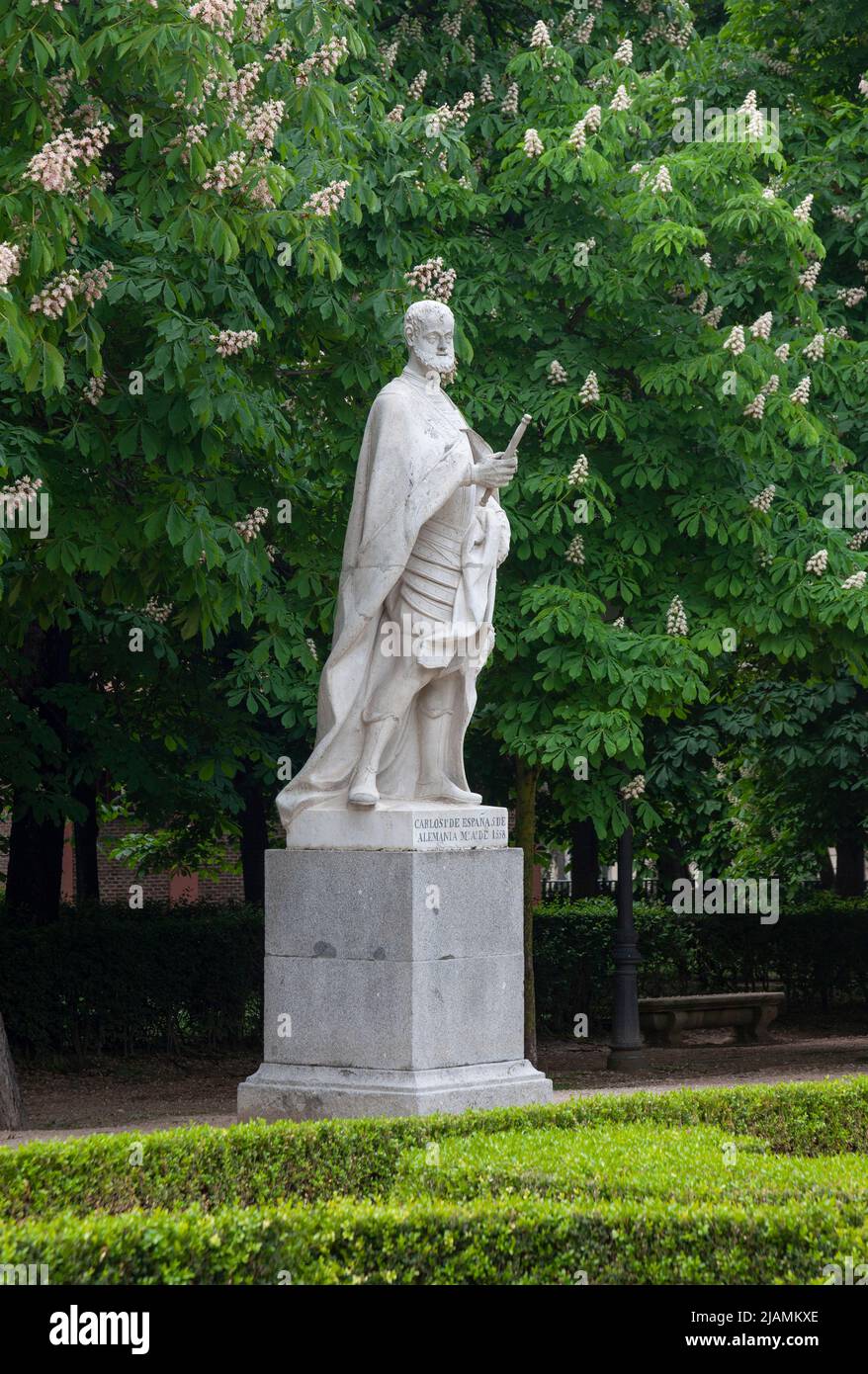 Statue of King Carlos 1st of Spain, 5th of Germany, Holy Roman Emperor, by Sabatini.  Paseo de Argentina / Paseo de las Estatuas, El Retiro, Madrid, Stock Photo