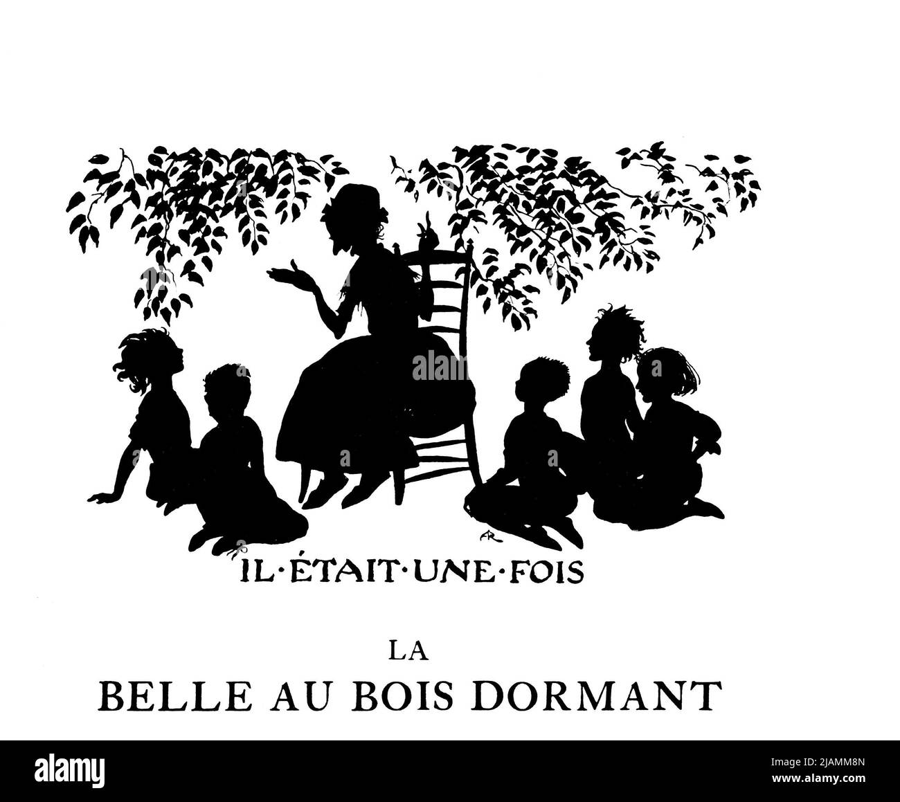 Oral Story Time Silhouetted black and white illustration from the book '  La belle au bois dormant ' [The Sleeping Beauty] by Charles Perrault, 1628-1703; Illustrated by Arthur Rackham, 1867-1939 Publication date 1920 Publisher Paris : Librairie Hachette Stock Photo
