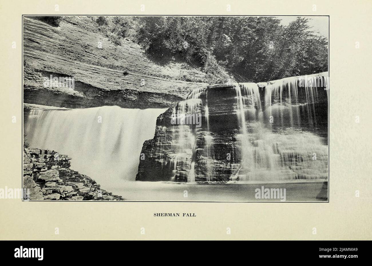 Sherman Fall from the book ' The golden era of Trenton Falls ' by Charlotte Agnes Uhlein Pitcher, Publication date 1915 Publisher Utica, N.Y. : C.A. Pitcher Describes the beauty of Trenton Falls prior to its damming by a power company and provides numerous descriptions by visitors to the spectacular Falls [Trenton Falls is a waterfall on West Canada Creek[1] in Trenton, New York. Scenic trails were developed by Brookfield Renewable Power and the Town of Trenton. The falls was and used to produce hydro generated electricity beginning in the early twentieth century, and continues to do so today. Stock Photo