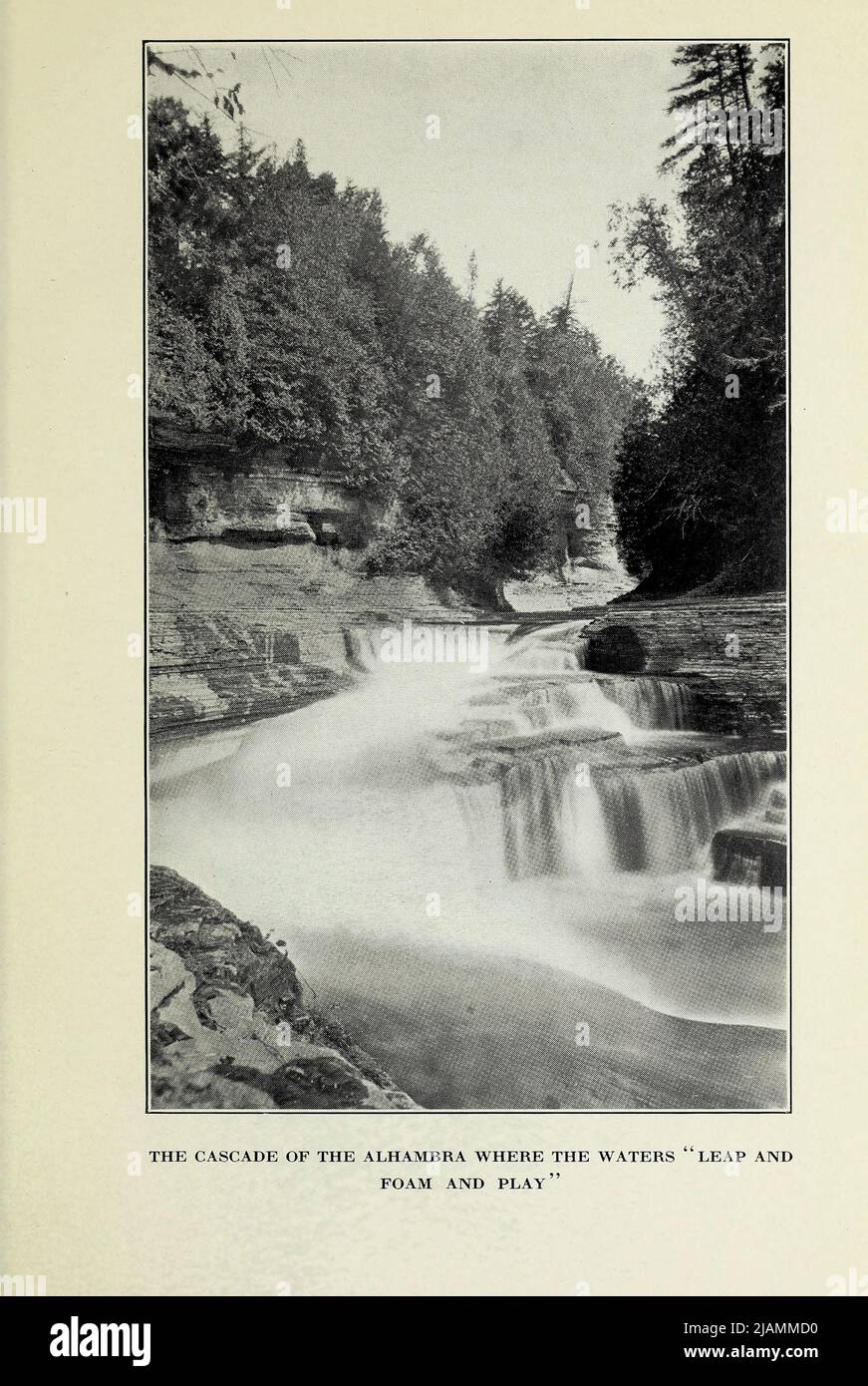 THE CASCADE OF THE ALHAMBRA WHERE THE WATERS LEAP AND FOAM AND PLAY from the book ' The golden era of Trenton Falls ' by Charlotte Agnes Uhlein Pitcher, Publication date 1915 Publisher Utica, N.Y. : C.A. Pitcher Describes the beauty of Trenton Falls prior to its damming by a power company and provides numerous descriptions by visitors to the spectacular Falls [Trenton Falls is a waterfall on West Canada Creek[1] in Trenton, New York. Scenic trails were developed by Brookfield Renewable Power and the Town of Trenton. The falls was and used to produce hydro generated electricity beginning in the Stock Photo