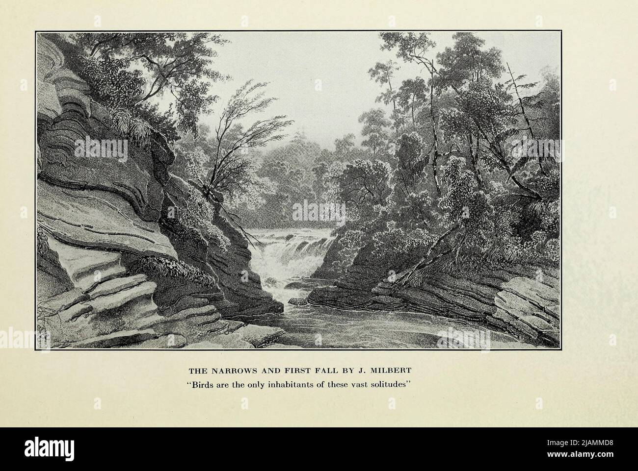 The Narrow and First Fall by J. Milbert from the book ' The golden era of Trenton Falls ' by Charlotte Agnes Uhlein Pitcher, Publication date 1915 Publisher Utica, N.Y. : C.A. Pitcher Describes the beauty of Trenton Falls prior to its damming by a power company and provides numerous descriptions by visitors to the spectacular Falls [Trenton Falls is a waterfall on West Canada Creek[1] in Trenton, New York. Scenic trails were developed by Brookfield Renewable Power and the Town of Trenton. The falls was and used to produce hydro generated electricity beginning in the early twentieth century, an Stock Photo