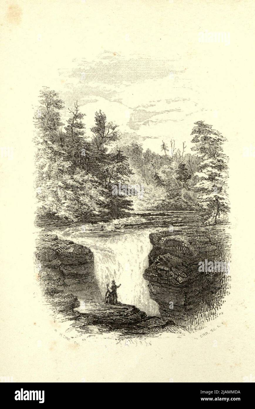 SHERMAN FALL Frontispiece. From the Book ' Trenton Falls, picturesque and descriptive ' by Nathaniel Parker Willis, John Sherman, ILLUSTRATIONS FROM ORIGINAL DESIGNS BY HEINE, KUMMER AND MULLER Publication date 1851 Publisher New York : G.P. Putnam [Trenton Falls is a waterfall on West Canada Creek in Trenton, New York. Scenic trails were developed by Brookfield Renewable Power and the Town of Trenton. The falls was and used to produce hydro generated electricity beginning in the early twentieth century, and continues to do so today.] Stock Photo