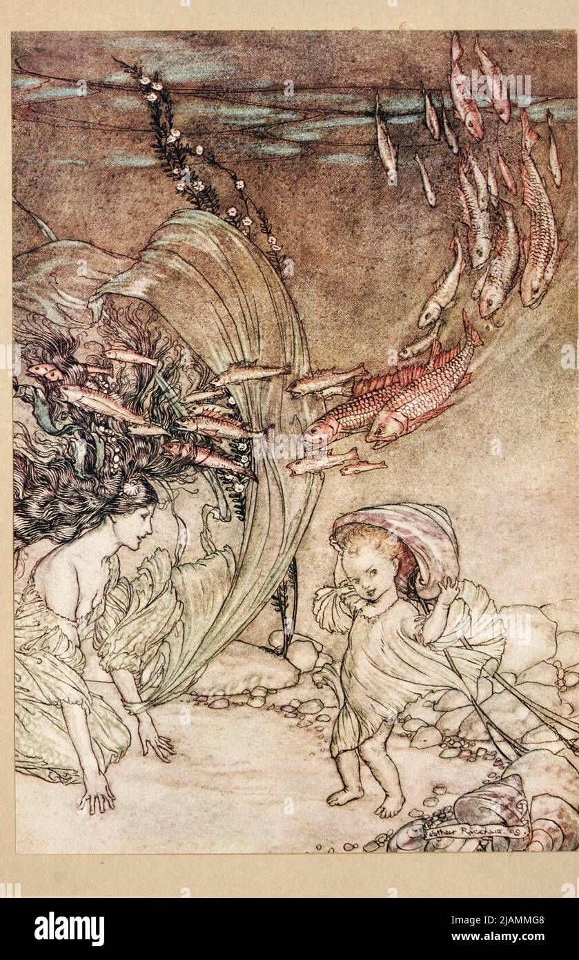 The Infancy of Undine from the book ' UNDINE ' BY DE LA MOTTE POUQUE; ADAPTEDFrom German by W L COURTNEY ILLUSTRATED BY ARTHUR RACKHAM Published in London and New York in 1909 Undine is a fairytale novella (Erzählung) by Friedrich de la Motte Fouqué in which Undine, a water spirit, marries a knight named Huldebrand in order to gain a soul. Published in 1811, it is an early German romance, which has been translated into English and other languages. Stock Photo